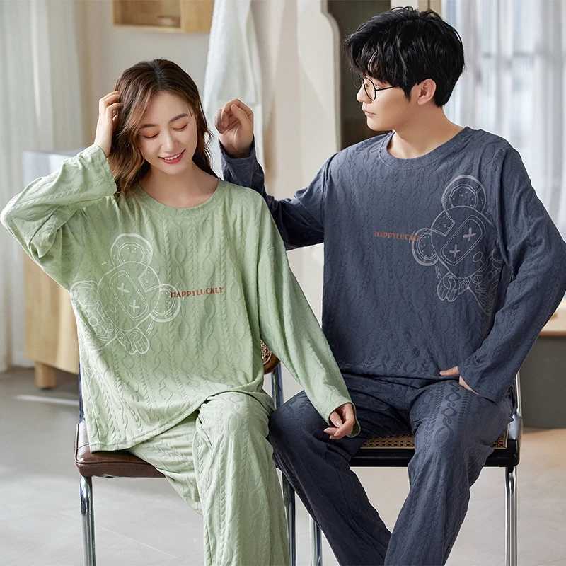 Autumn couple pajamas set cartoon mens pajamas casual cotton plus size long sleeved womens pajamas unprinted good quality slippers W241221