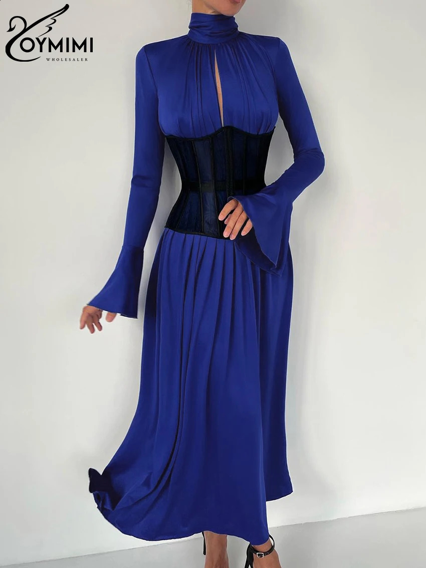 Oymimi Sexy Slim Blue Knitted WomenS Dress Fashion Turtleneck Long Sleeve Ankle Length Dress Elegant Pleated Hollow Out Dress 240819