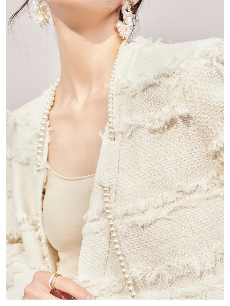 y beaded long sleeve short coat wool tweed fashion autumn winter single button jacket small perfume women 240819