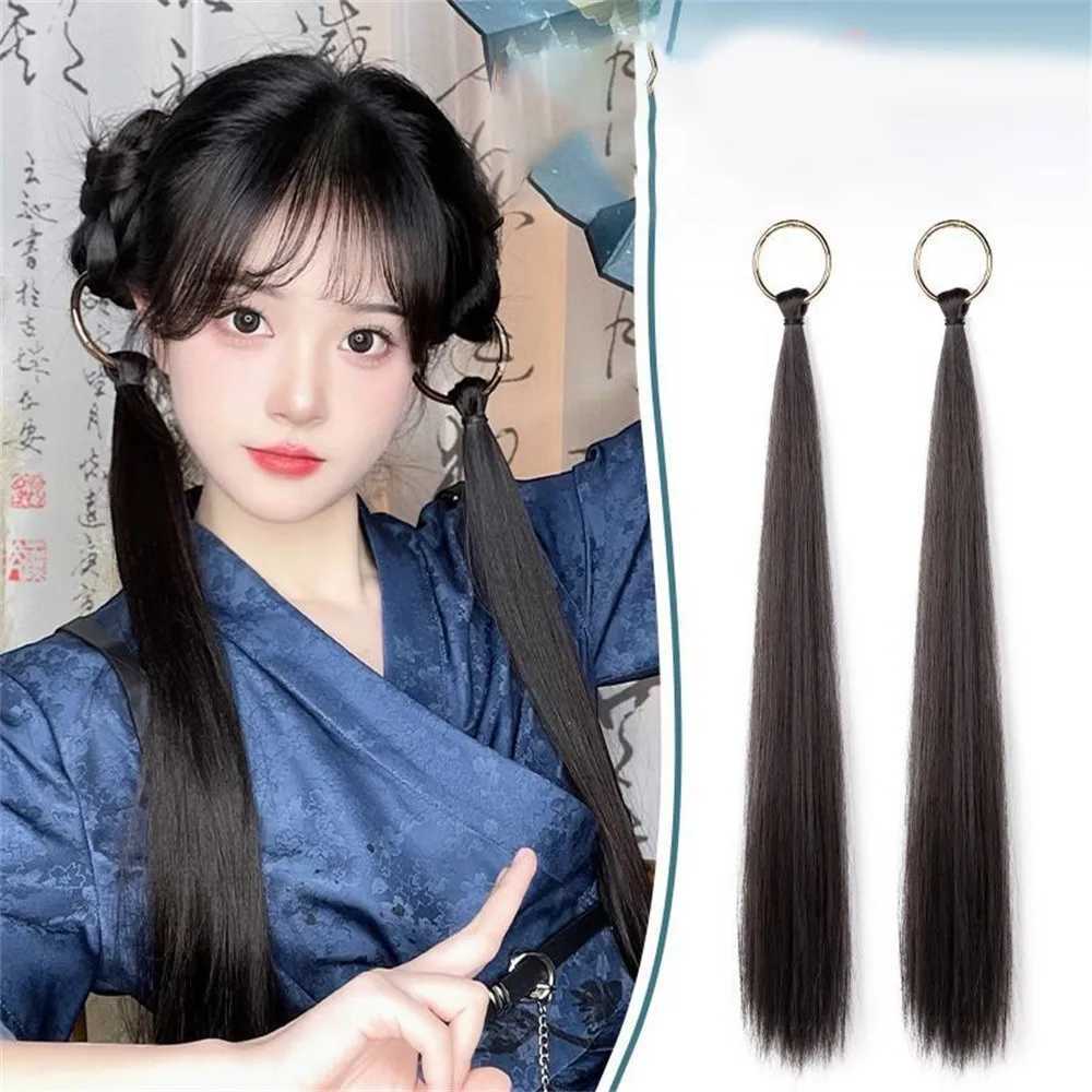 1 new wig ponytail womens new Chinese style hair clip extended ponytail long filament straight hair double braid W240817