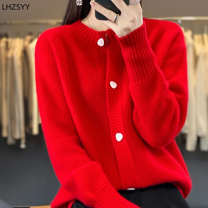 Womens 100% Merino wool knitted cardigan autumnwinter round neck casual jacket loose and warm womens top bottom shirt 240819