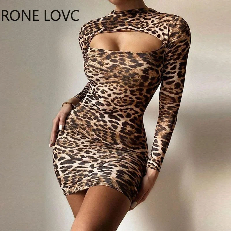 Women Chic Long Sleeves All Over Print Leopard Pattern Crop Mini Sexy Bodycon Party Dress 240819