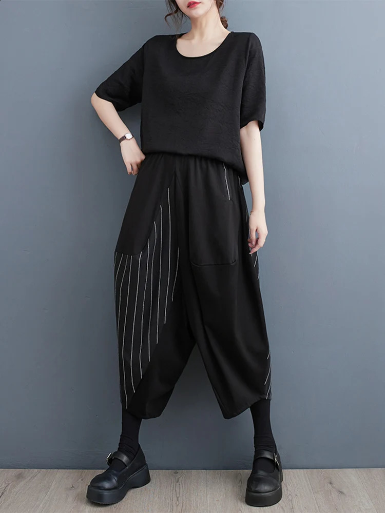Black Vintage Patchwork Striped High Waist Wide Leg Pants Women Loose Casual Ladies Trousers Fashion Streetwear Summer 240820