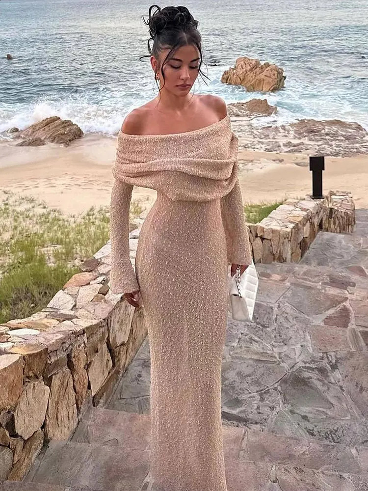 GACVGA Summer Knit Hollow Out Off-Shoulder Maxi Dress Women Cover Up Knitwear Long Sleeve Holiday Sexy Beach Party Dress 240819