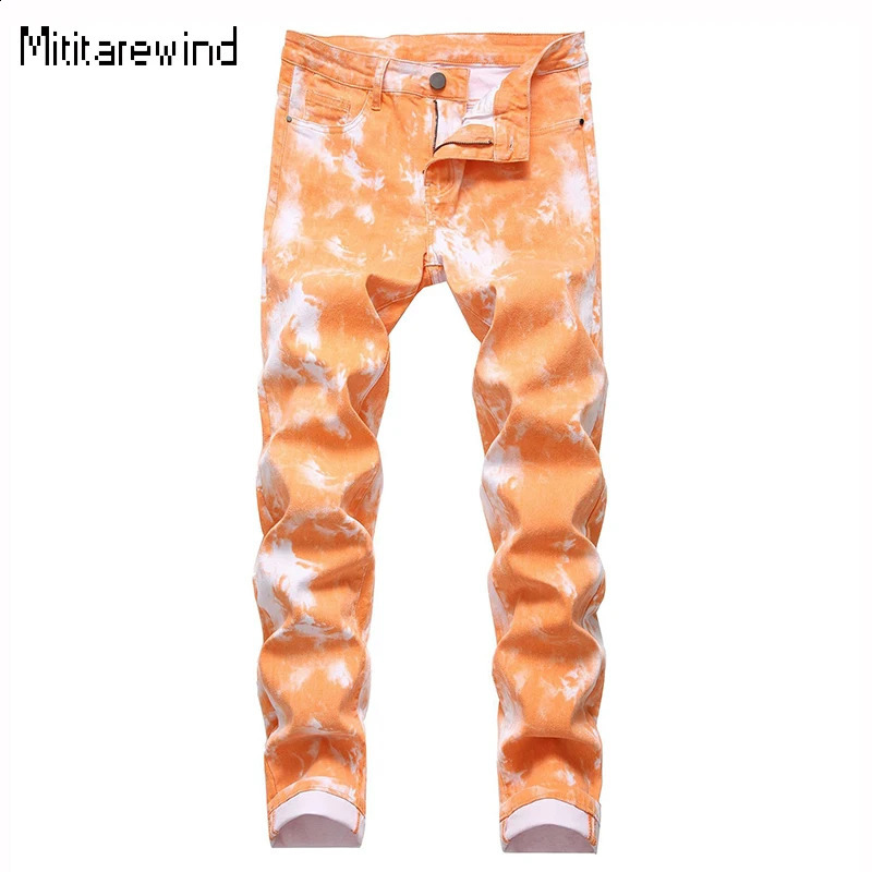 Four Seasons Mens Jeans Street Orange Printed Stretch Slim Fit Full Length Fashionable 240819
