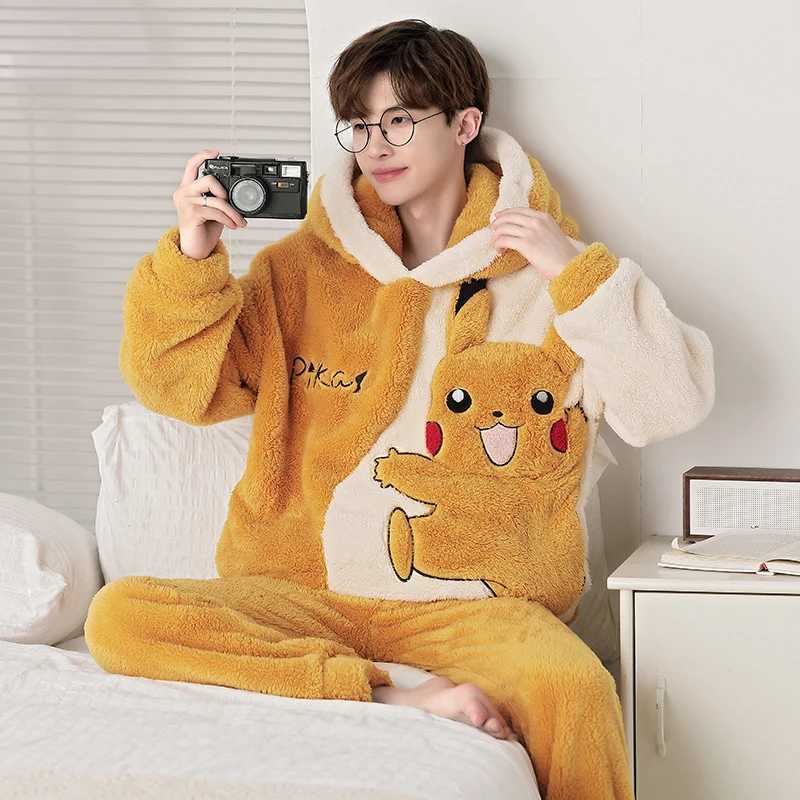 2024 New Winter Mens Pajama Set Coral Velvet Cute Cartoon Pajama Wool Casual Long Sleeve Mens Pajama Thick Warm Home ClothesW240719