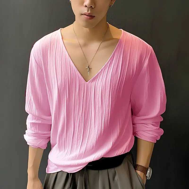 INCERUN Tops 2024 Korean Style Fashionable New Mens V-neck Pleated Camiseta Casual Solid Comfortable Long Sleeved T-shirts S-5XLXJ240819