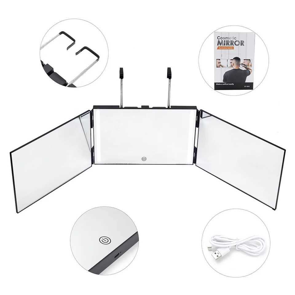 Trifold Self Haircut Mirror Rechargeable with Height Adjustable3 Way Mirror for Self Hair Cutting 360 Mirror with LED Lights Y240819