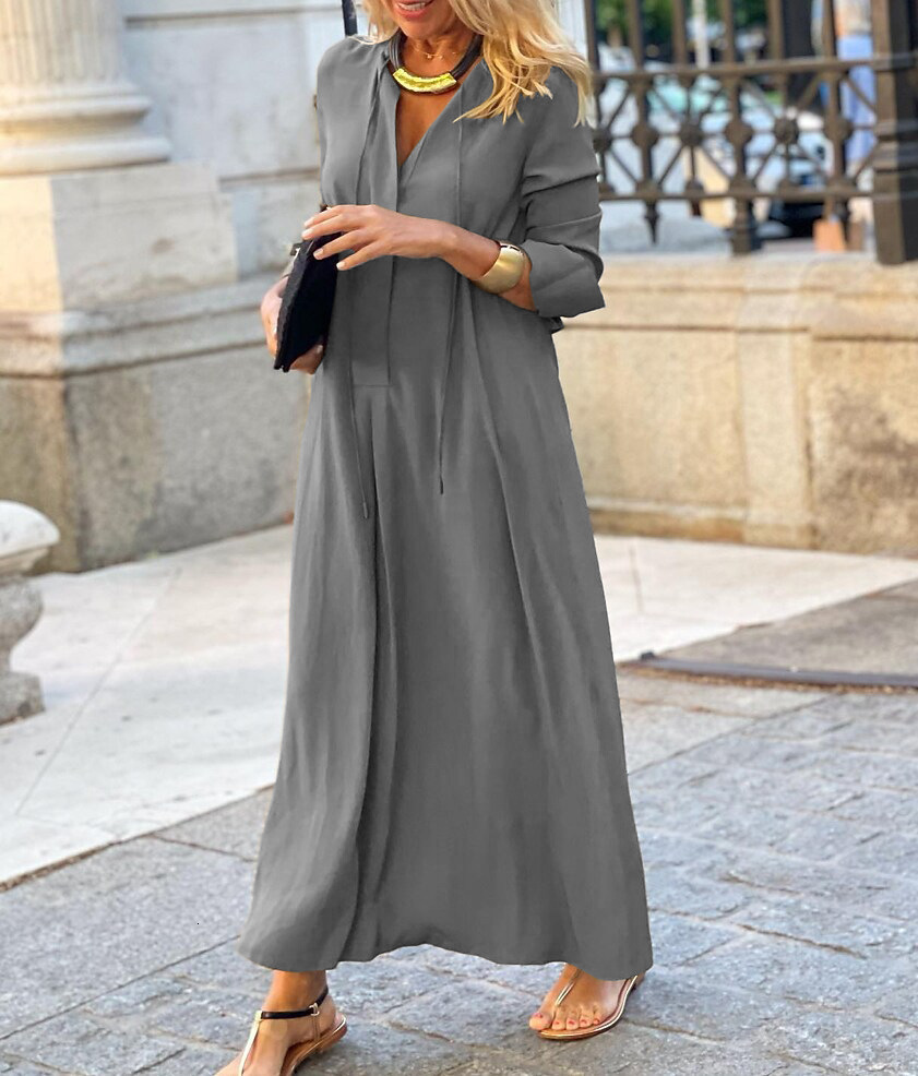New Large Skirt Solid Color Lapel Long Sleeved Simple Casual Long Shirt Dress