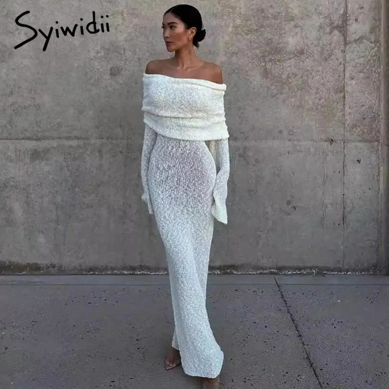 Syiwidii Elegant Knit Women Long Dress Off Shoulder Long Sleeve Sexy Hollow Out See Through Dresses Fashion Party Evening Dress 240819