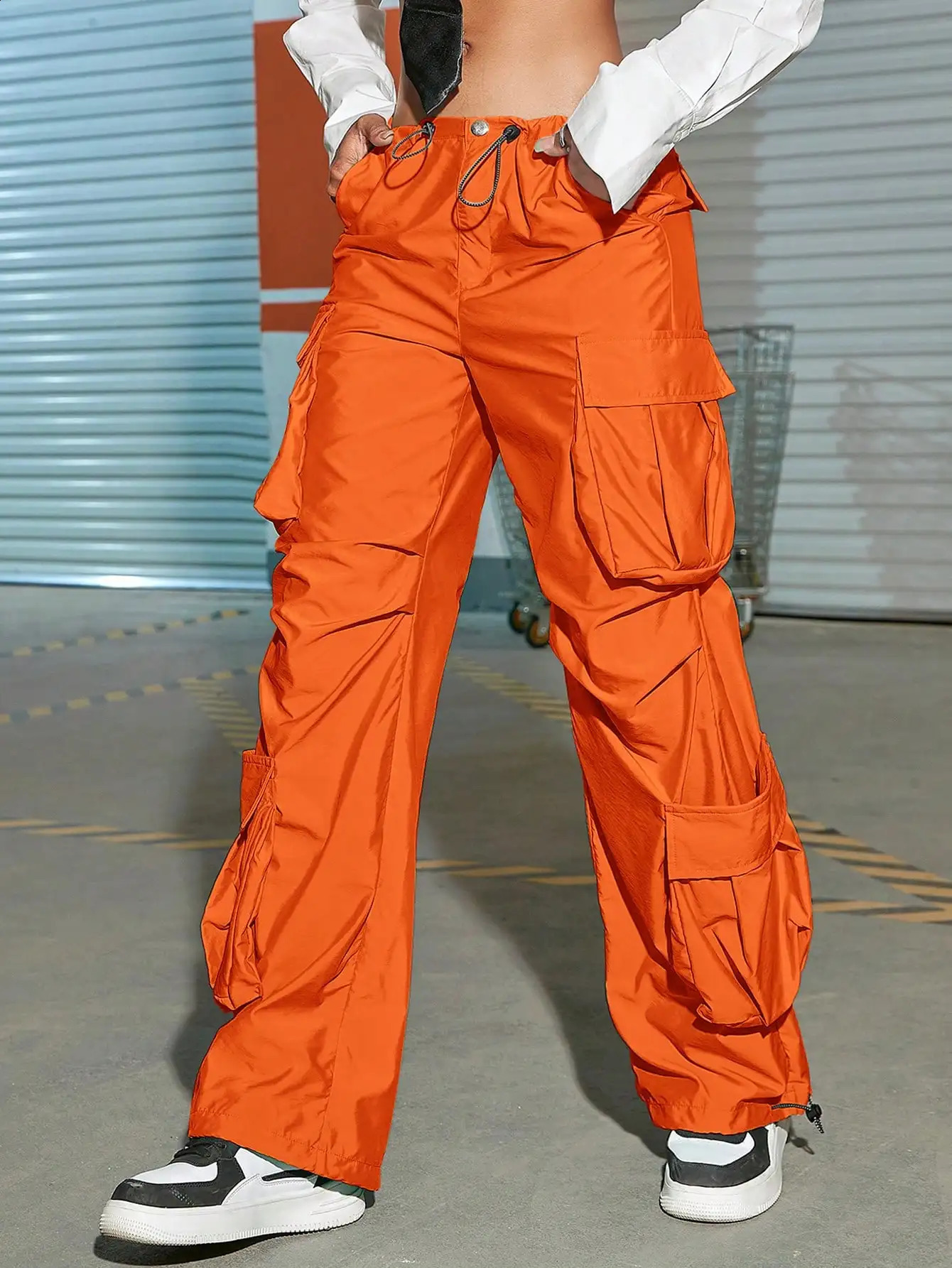 Elastic waistband tie pocket loose wide leg work pants 240819