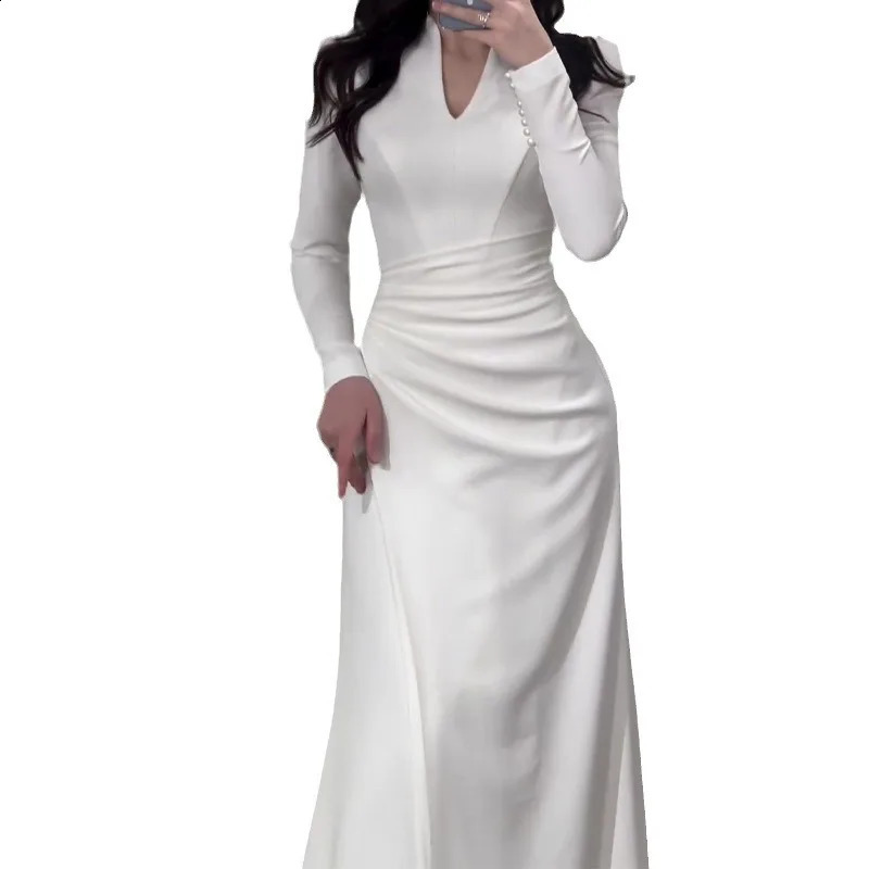 Dress Women Solid Long Dresses V Neck Full Sleeve Slim Fit Sheath Splice Regular Elegant A Line Vestidos Office Ladies 240819