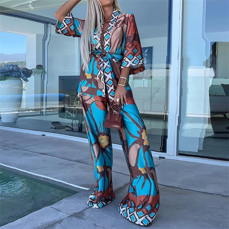 Casual Loose Holiday Two Piece Sets Womens V-neck Cardigan Tops with Long Pants Suits 2024 Spring Vintage Printed Beach Outfits 240819
