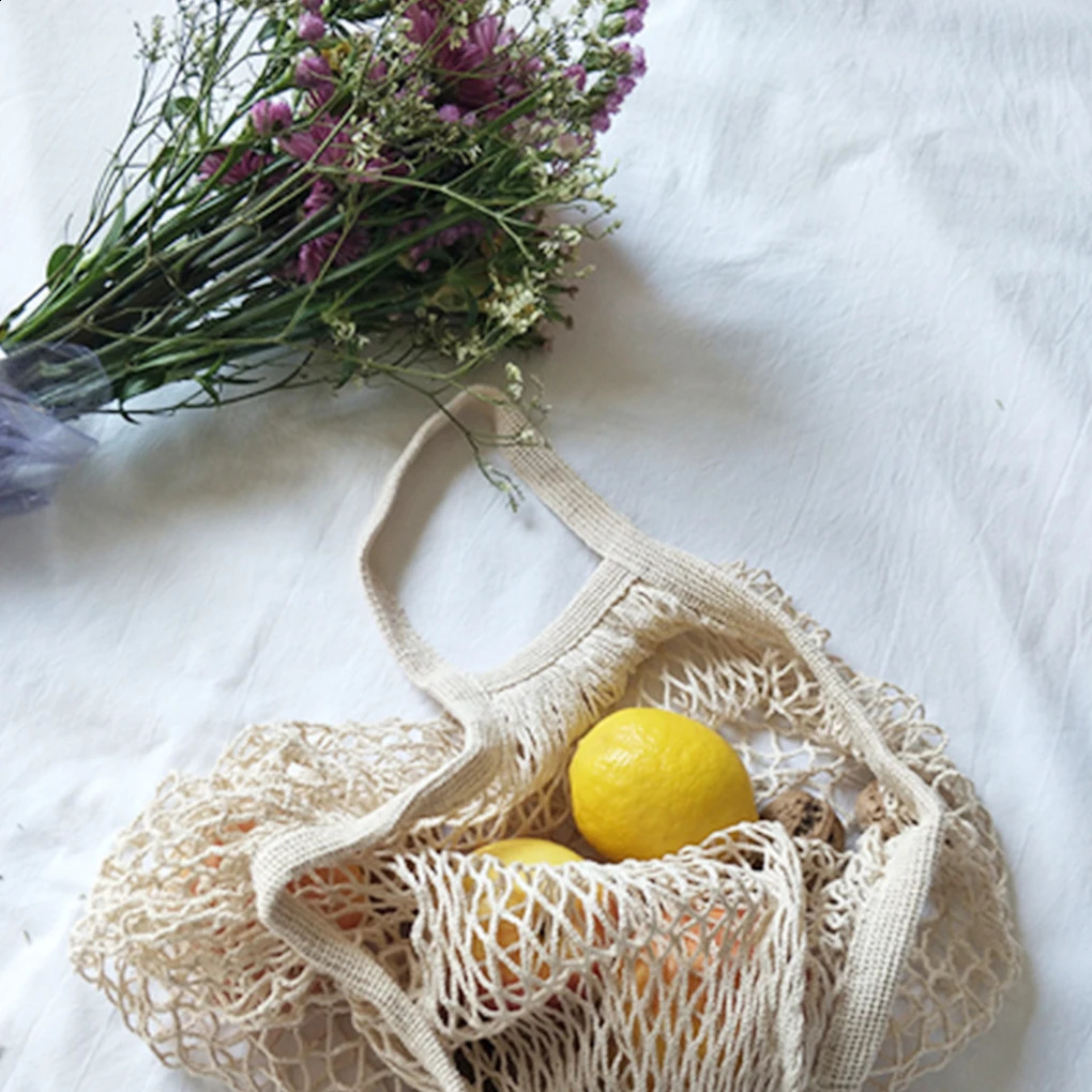 Mesh Shopping Bags with Strap Large Capacity Handbag Cotton Organizer Pocket Outdoor Picnic Travel Hiking y240925