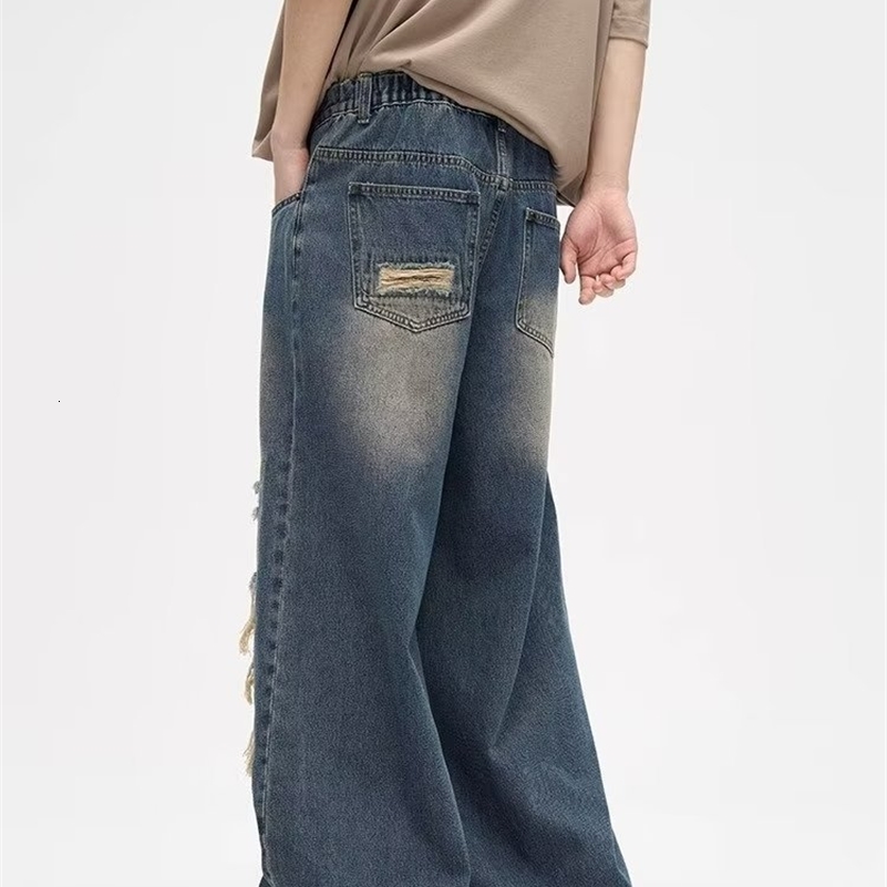 Y2K Man Jeans Korean retro hole repair jeans mens American style high street loose straight wide leg mopping trousers 240819