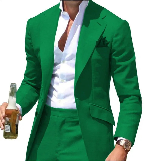 Costumes Pour Hommes Collar Men Suits Notched Green Slim Fit Blazers Jackets Pants 2PCS Causal Business Wedding Groom Wear 240819