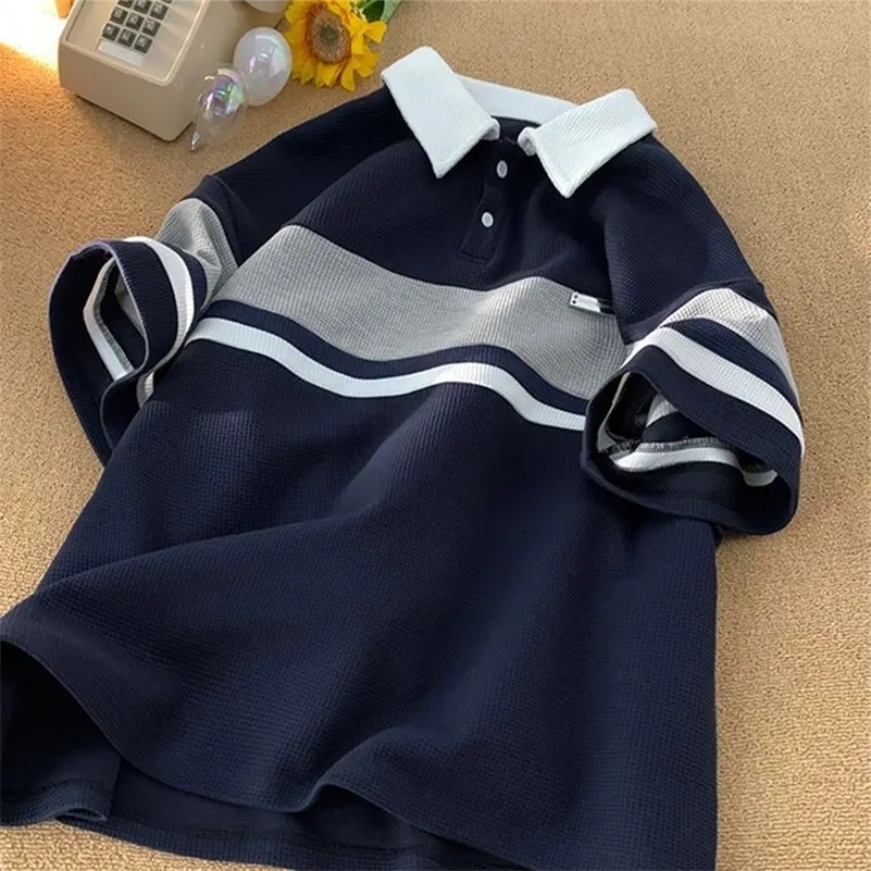 Trendy retro waffle polo shirt short sleeved t-shirts men and women summer loose American lovers casual personality top harajuku i240819