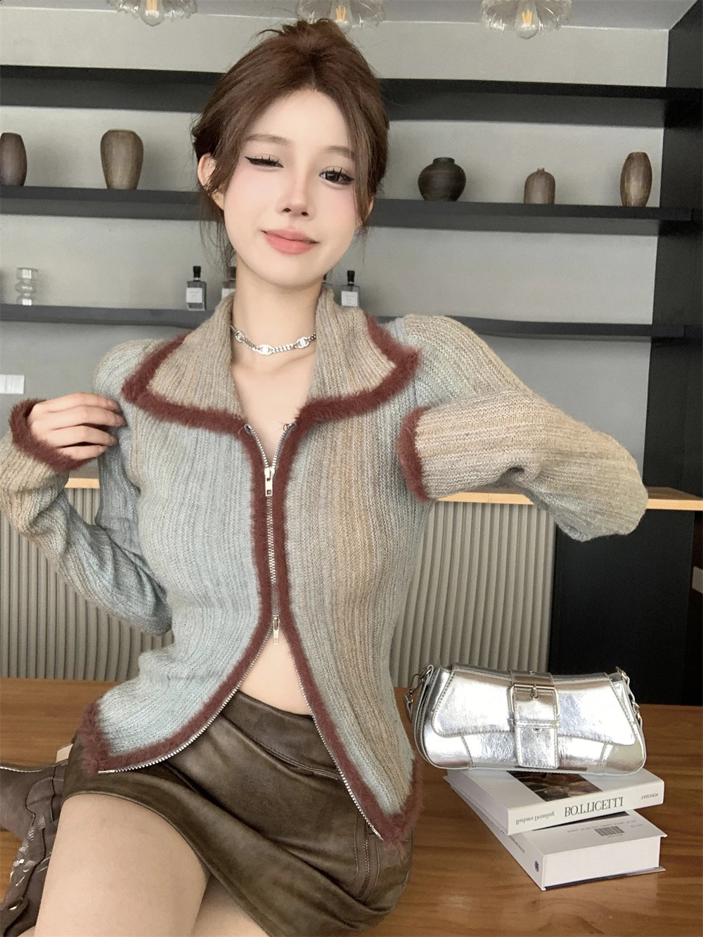 Casual contrasting color cardigan womens autumn long sleeved zipper knitted top with collar n open front sweater 240819