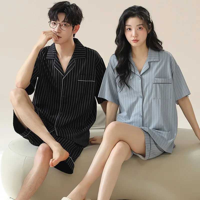 Summer short sleeved Korean style cardigan two-piece set casual V-neck couple pajamas womens pajamas mens pajamasW240719