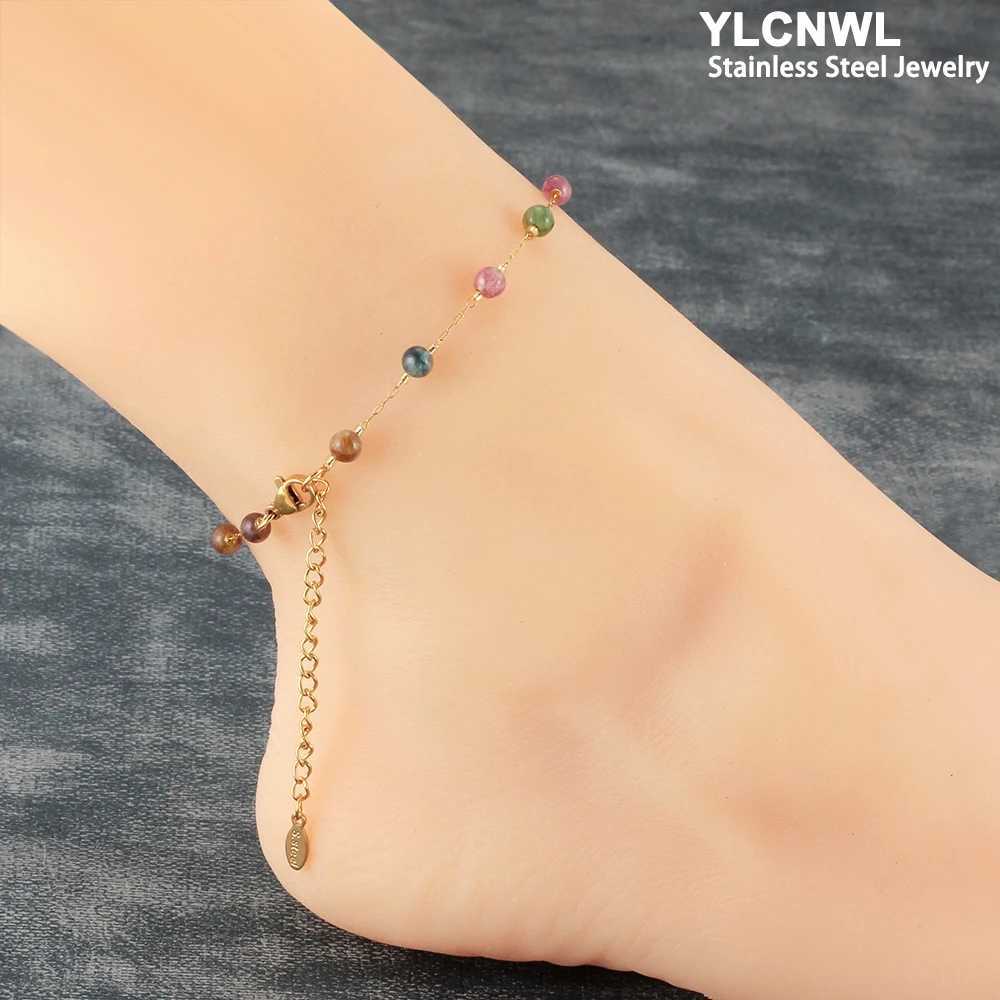 Natural stone crystal bead necklace womens stainless steel womens gold beach foot jewelry W240815