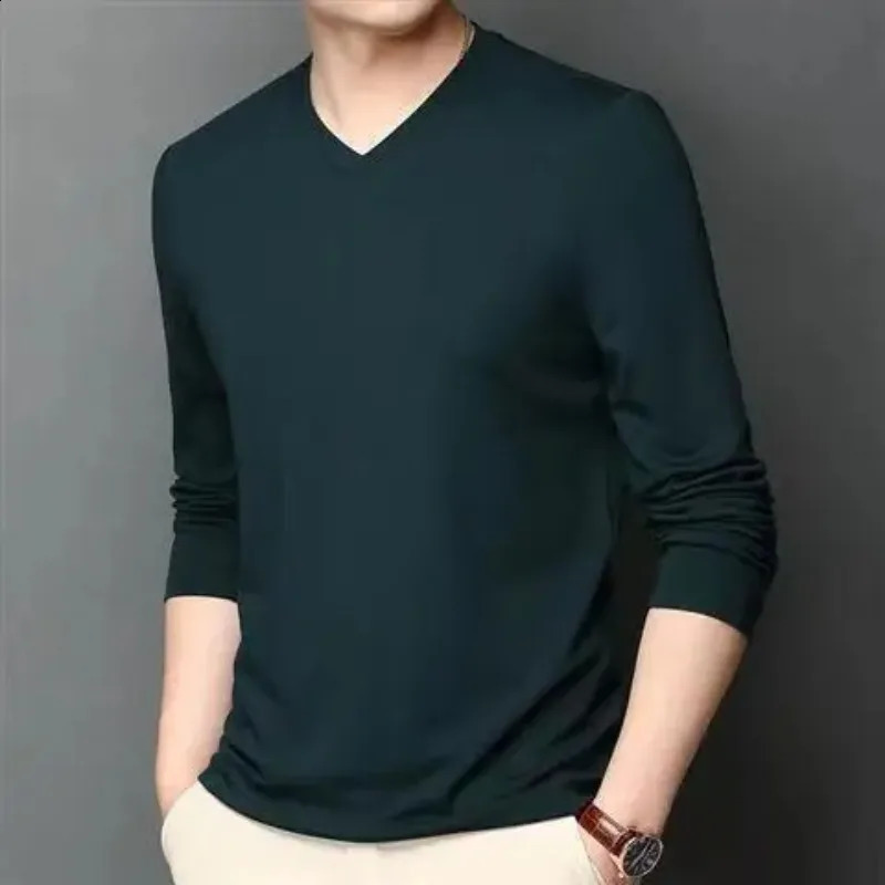 Spring Autumn Men Basic Long Sleeve T-Shirts Streetwear Fashion Slim V-Neck Versatile Male Clothes Casual Bottoming Tops 240820