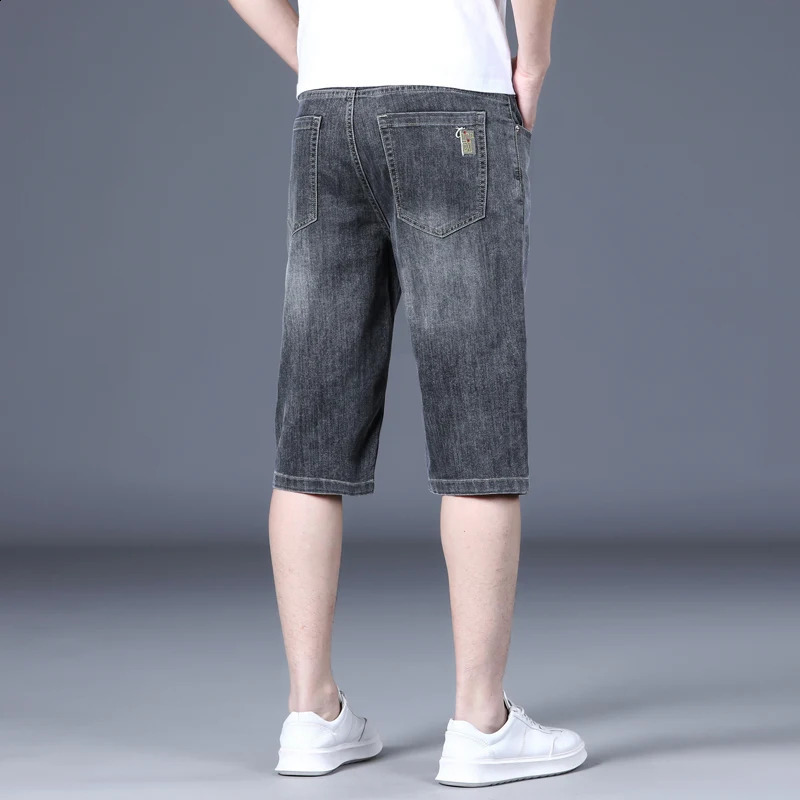 Summer thin stretch fabric denim mens straight leg loose blue embroidered knee jeans 240819