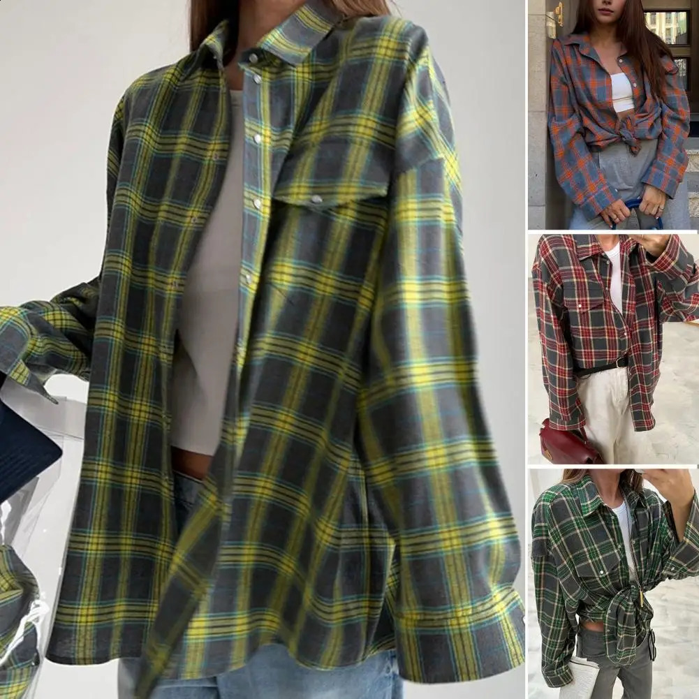 Comfortable and casual womens plain weave shirt autumn printed collar loose fit single chest top with patches 240814