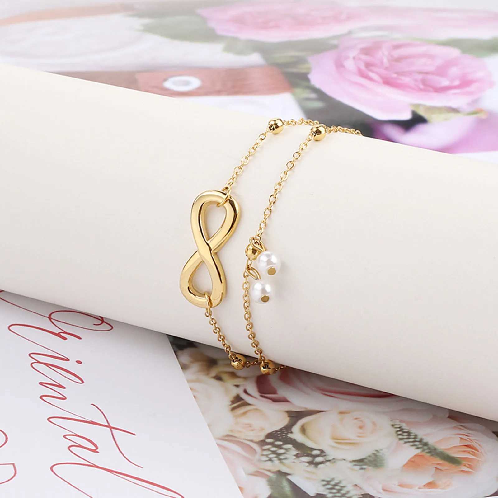 1 piece of 304 stainless steel fashionable connecting rod cable chain multi-layer Anklet imitation pearl infinite symbol 22cm (8 5/8) long W240815