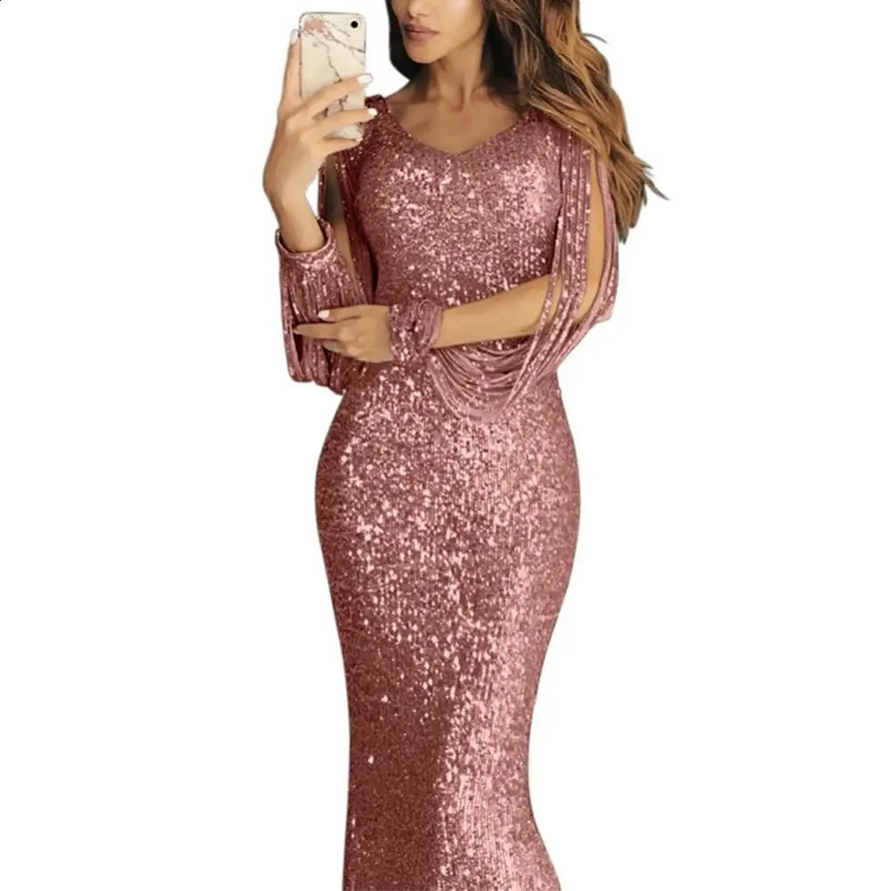 Elegant Ladies Vestidos Plus Size Chic Women Tassel Lantern Sleeve Sequined Tassel Long Sleeve V Neck Bodycon Party Maxi Dress 240819