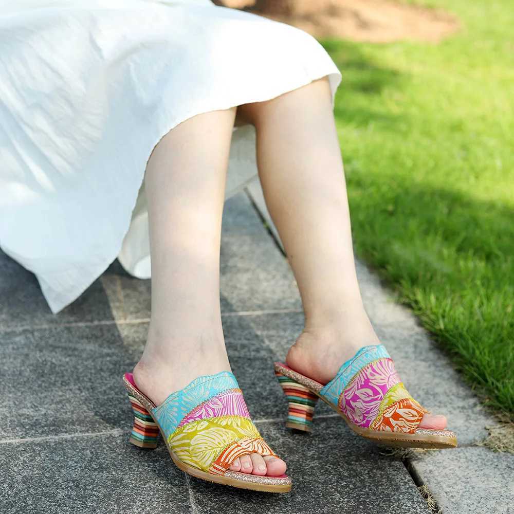 vicconfy 2024 New Style Summer Leather Retro Colour Blocking High Heeled Sandals Slippers CL240806