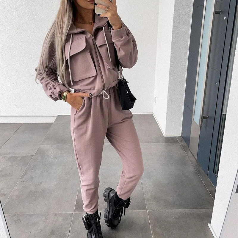 Women Tracksuit Turndown Collar Zipper Cardigan Solid Outerwear Pencil Pants Two Pieces Set Slim Fit Sports Casual Pockets 2024 240819