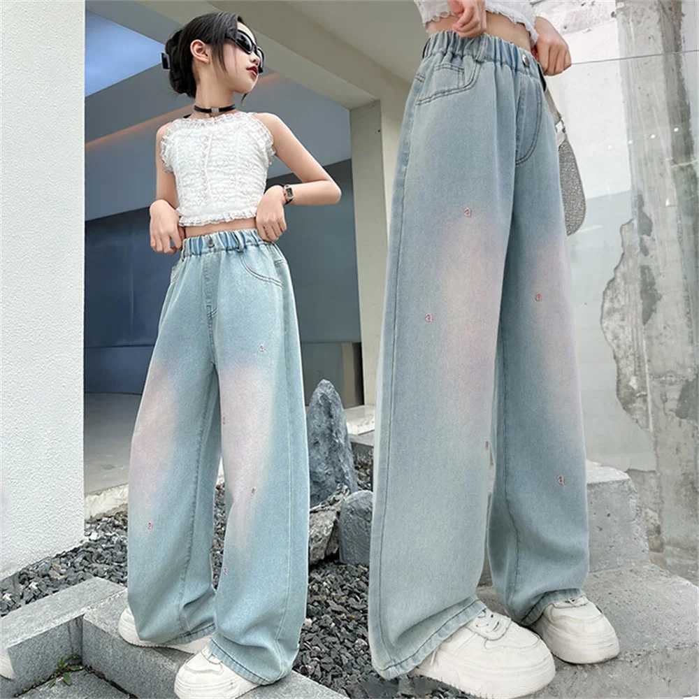 2484 Fashion Summer Ultra Thin Childrens Wide Leg Pants Embroidered Girls Jeans Childrens Jeans Denim Straight Leg PantsW240819