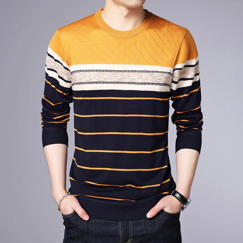 Mens Casual Striped Knit Spring and Autumn Long Sleeved Pullover Fashion Top 240820