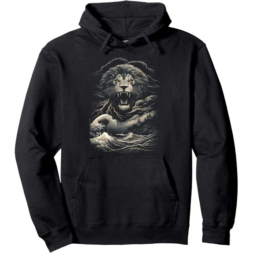 Hoodie For Mens Womens Roaring Ocean Waves Japanese Art Lion Pride Pullover Hoodies Sweatshirt Jacket Long Sleeve Free shipping