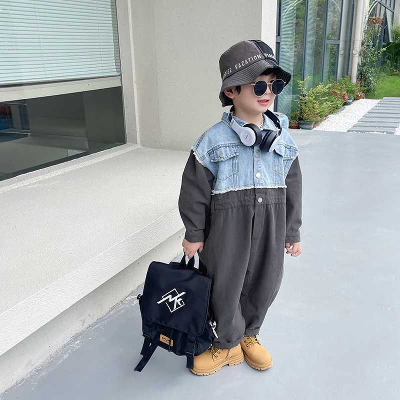Korean childrens denim jumpsuit long sleeved fashionable mens clothing autumn new item one-piece clothing jumpsuit W240806