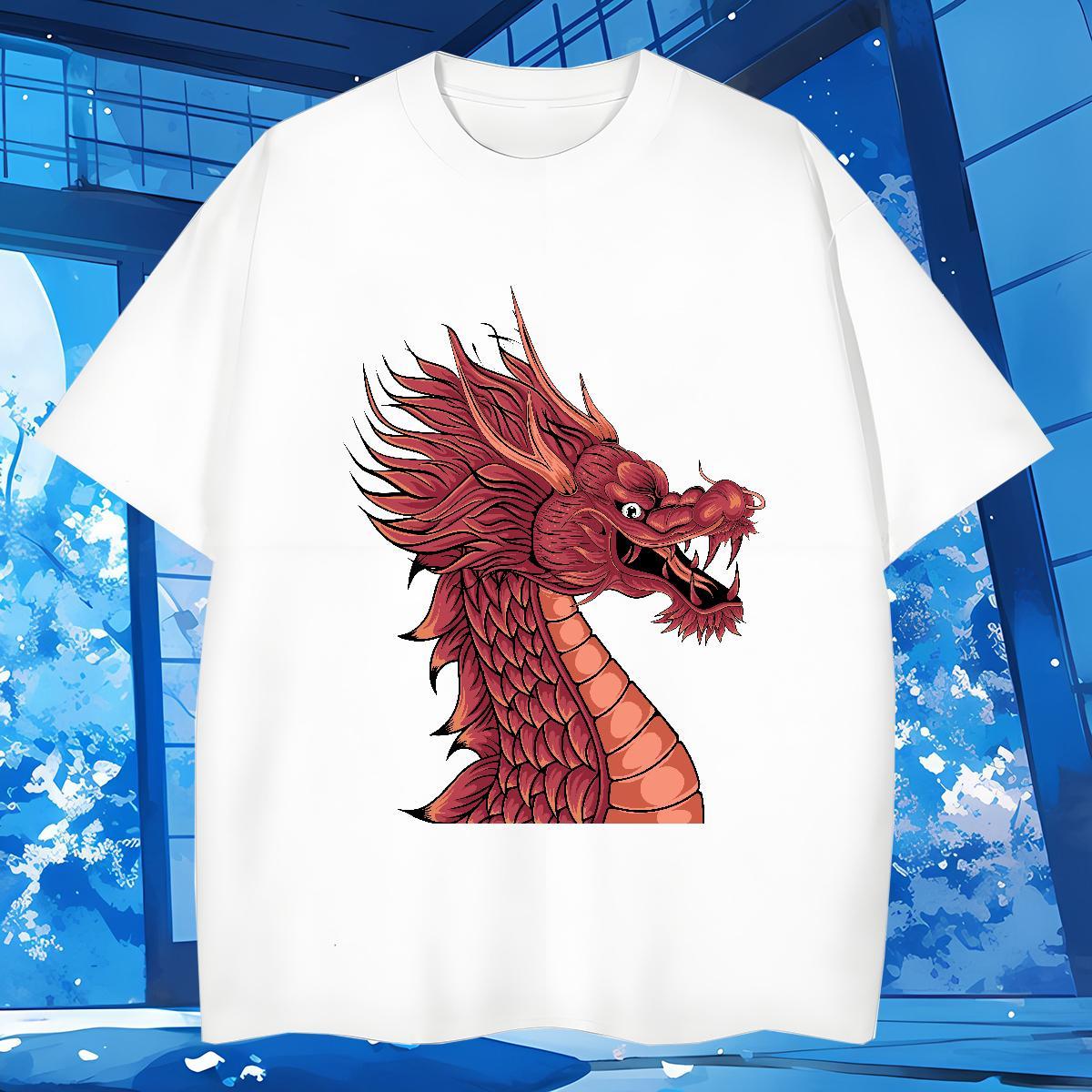 T Shirt For Man 100% Cotton 230g dragon head Casual Beach O-Neck Short Sleeve Asian Size Tshirt for Man Woman Fashion New High Quality Wear