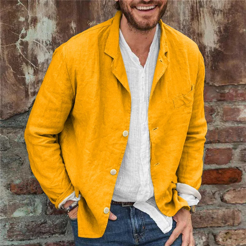 Fashion button collar jacket street clothing casual solid color set cotton linen mens spring 240819