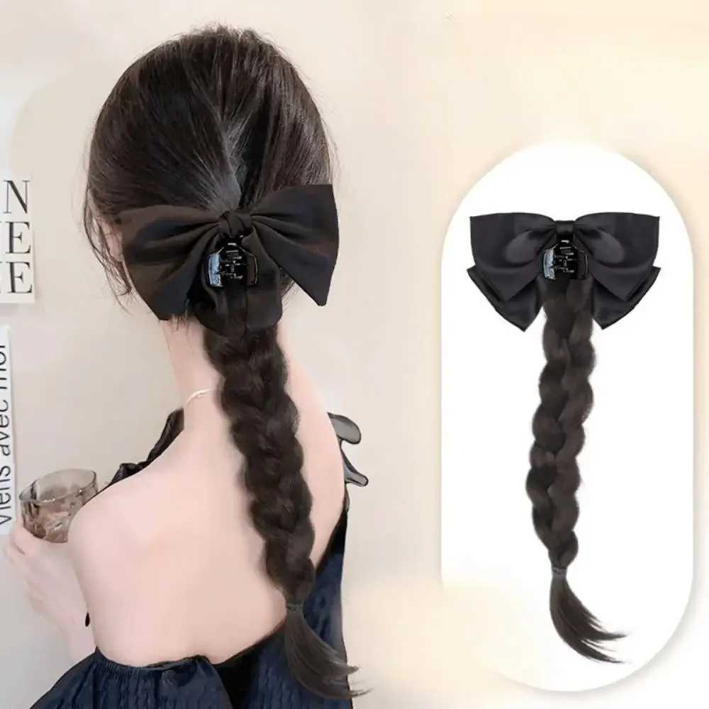 Synthetic wig elegant black bow grip clip boxing ponytail wig for women simulation weaving twisted hair extension W240817