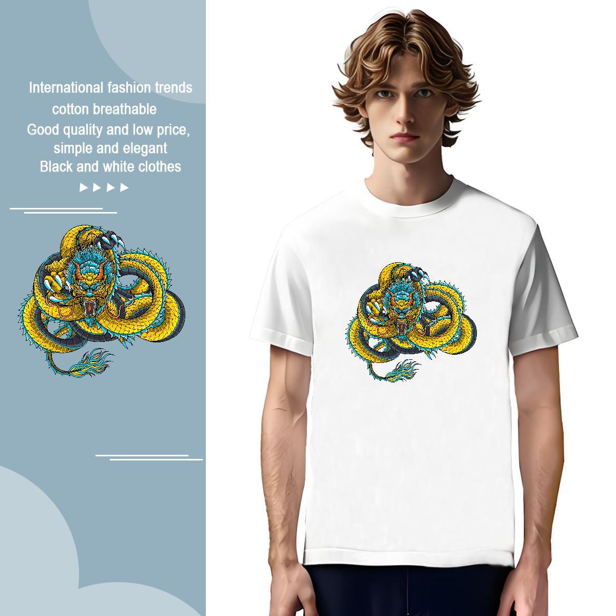 T-Shirts 230g Pure Cotton dragon Daily Outfit Round Neck Short Sleeve Customized Print Men Tops Tees New Cool Clothes