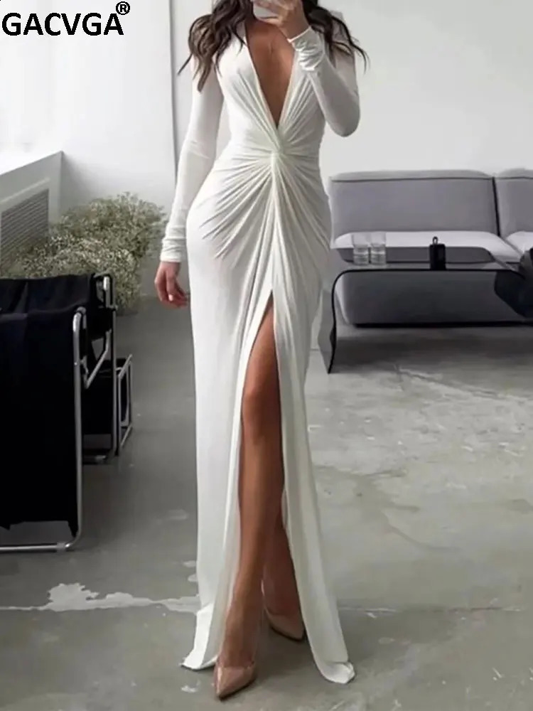 GACVGA Autumn Sexy Split Womens Dress With Shoulder Pad Long Sleeve Folded Maxi Vestidos Elegant Party Club Evening Dress 240819