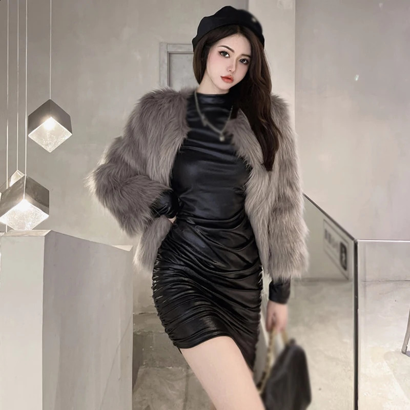 Womens Bodycon Dress Spring Autumn O-Neck Solid Color Slim Fashion Sexy Versatile PU Leather Long Sleeves Dress for Club 240823