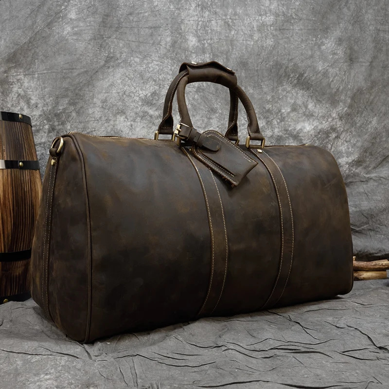 60cm Vintage Mens Leather Travel Bag Real Leather Weekender Bag Overnight Travelling Handbag For 3 days Business Travel 240819