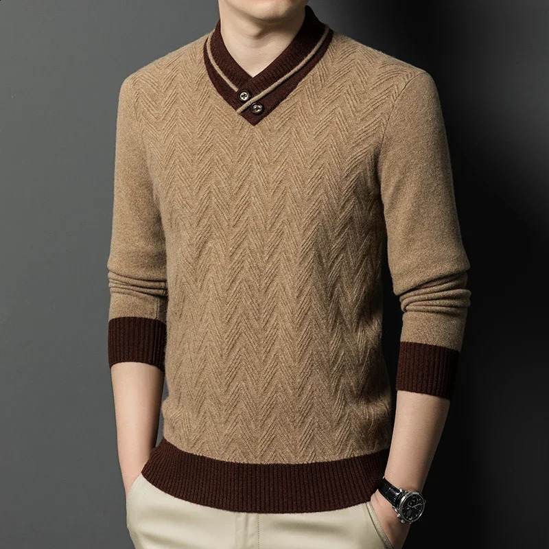 autumn and winter mens all wool Vneck button sweater knitted bottom casual warm fashionable floral clothing 240819