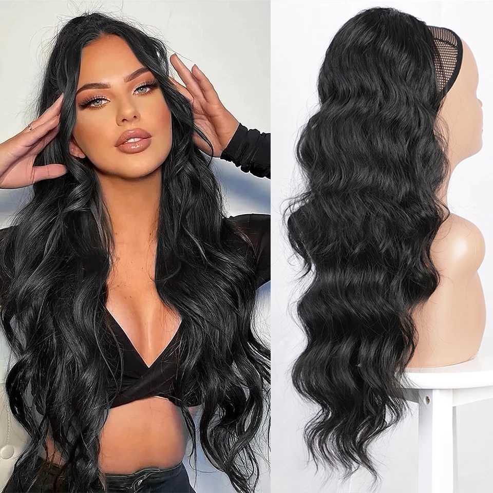 I am a Wig synthetic long wave ponytail with hair synthetic brushed ponytail and black female black wavy ponytail W240817