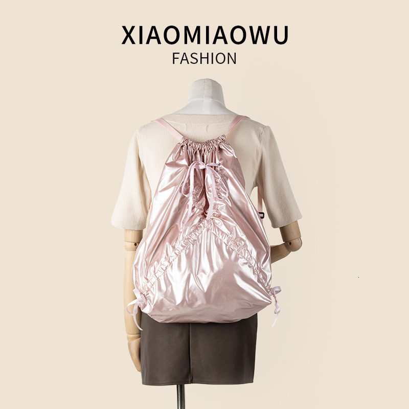 Korean version bow drawstring pocket for women, fashionable high-end, simple and casual backpack with large capacity