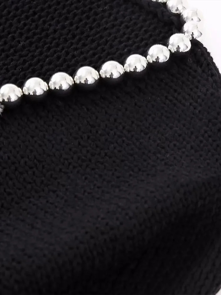 Elegant bow pearl womens cardigan long sleeved Vneck loose fitting slit spring fashion black soft 240819