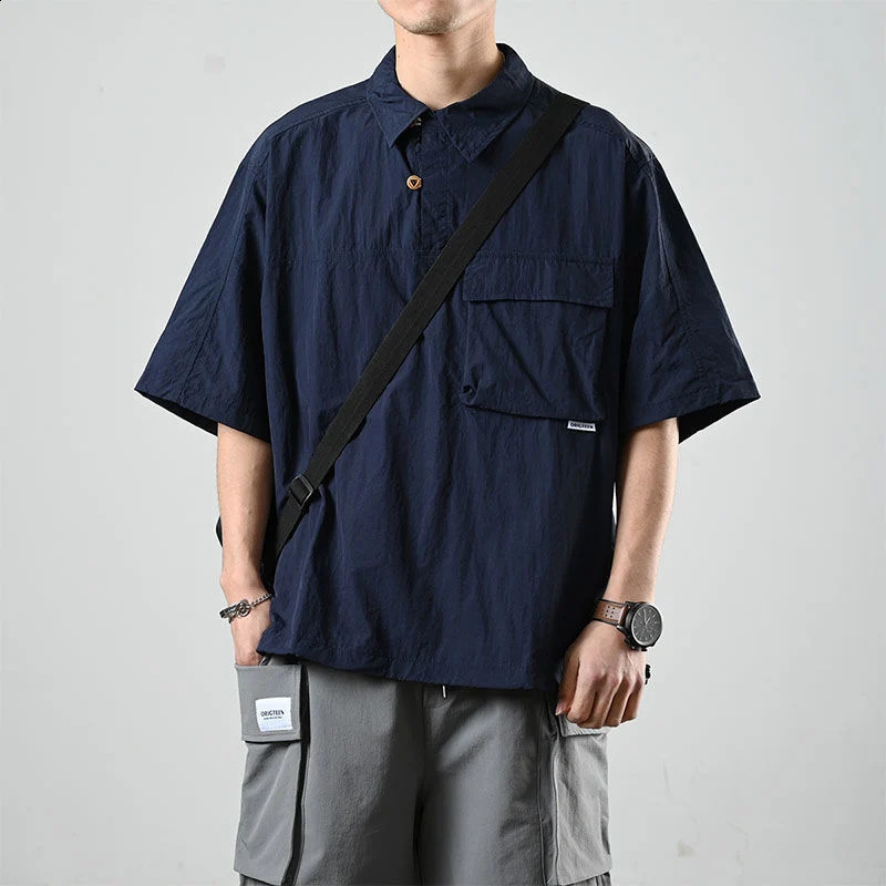 Summer Japan Style Vintage Short Sleeve Men Polo T Shirts Casual Fashion Harajuku All-match Oversized Couple Clothing Brown Blue 240819
