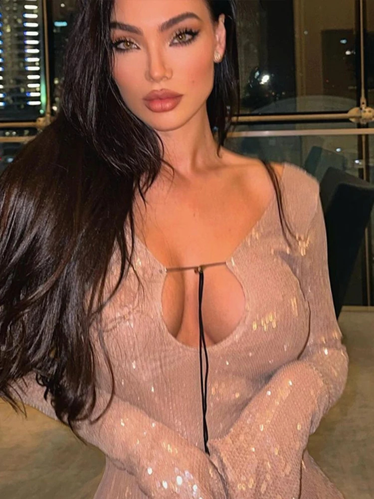 Ladies Lace Up Fishtail Dress Sexy Sequins Backless Nightclub Dresses Long Sleeved Autumn Elegant Mermaid Robe Womens Clothing 240819