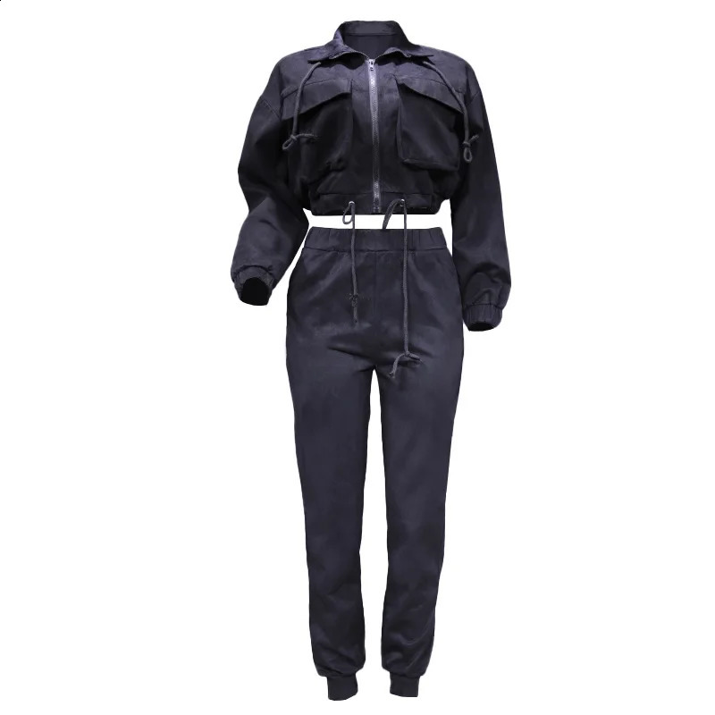 Women Tracksuit Turndown Collar Zipper Cardigan Solid Outerwear Pencil Pants Two Pieces Set Slim Fit Sports Casual Pockets 2024 240819