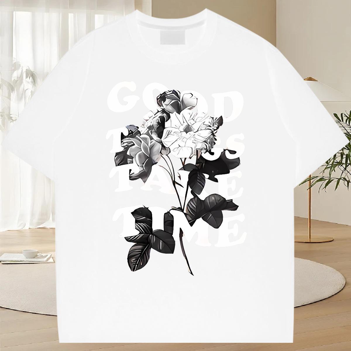 Free Shipping Mens Tshirts Street Wear 230g 100% Cotton Graphic Breathable Crew Neck flower T Shirts Men Classic Casual Tops Shirt